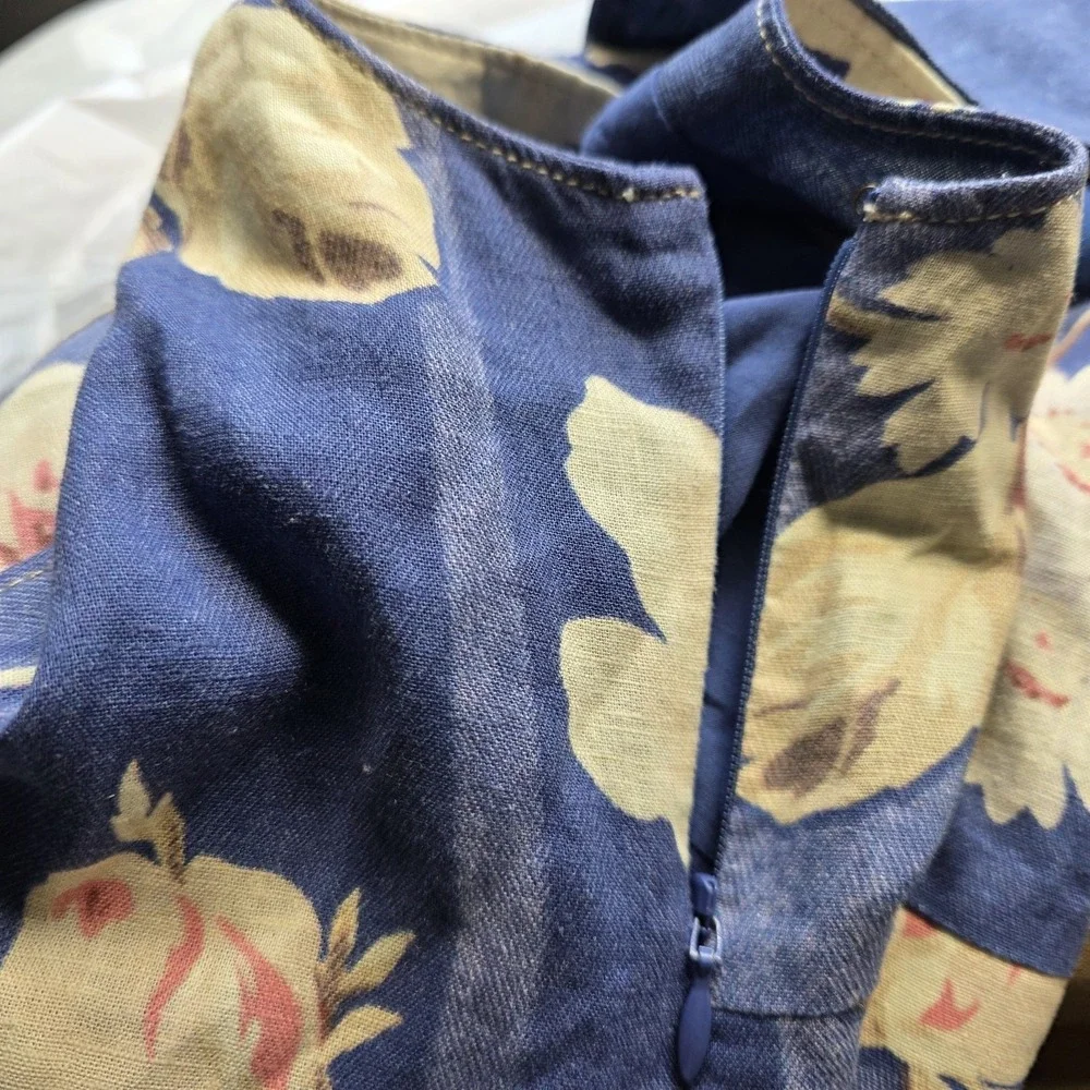 Anthropologie Camellia Collared Dress Blue‎ Floral Print Sz 4 Linen Blend Y2K